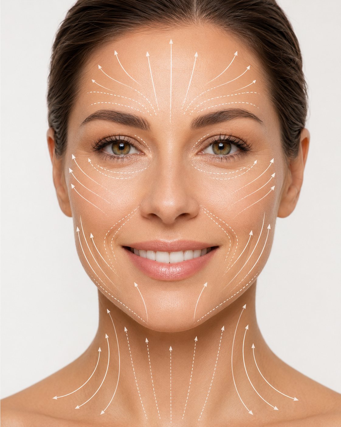 Smiling woman showing common Botox and neurotoxin facial treatment areas