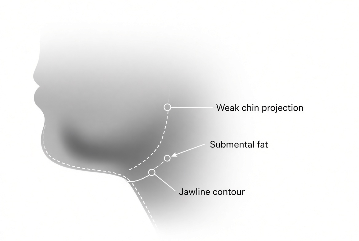 Educational diagram comparing weak chin projection and under-chin fullness