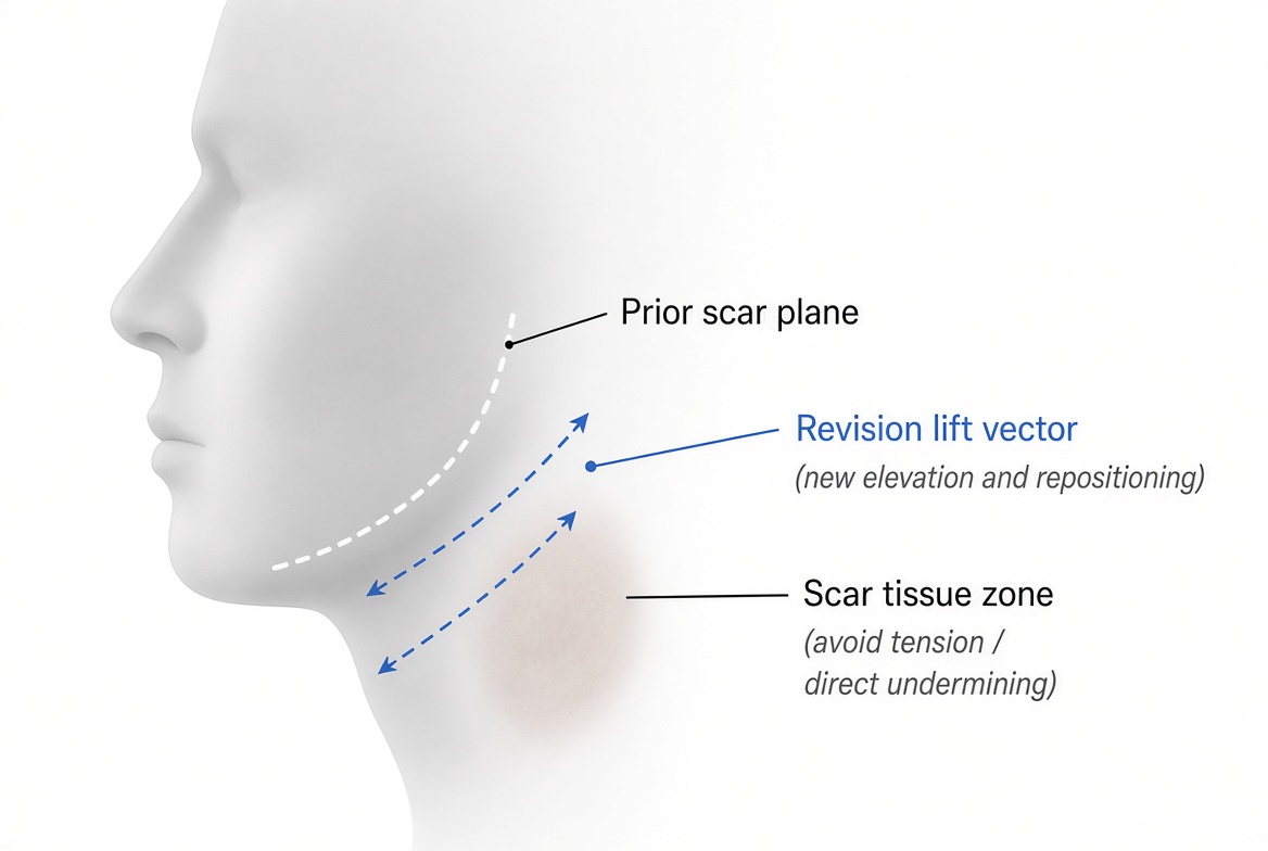 Educational diagram showing considerations for a secondary or revision facelift