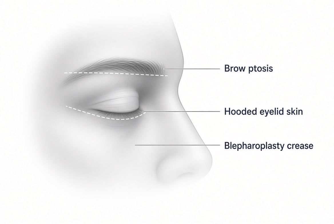 Educational diagram showing how brow position and eyelid skin can contribute to hooded eyes
