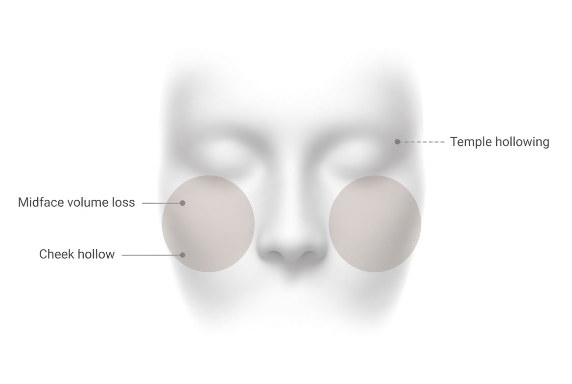 Educational diagram showing facial volume loss and skin laxity after weight loss