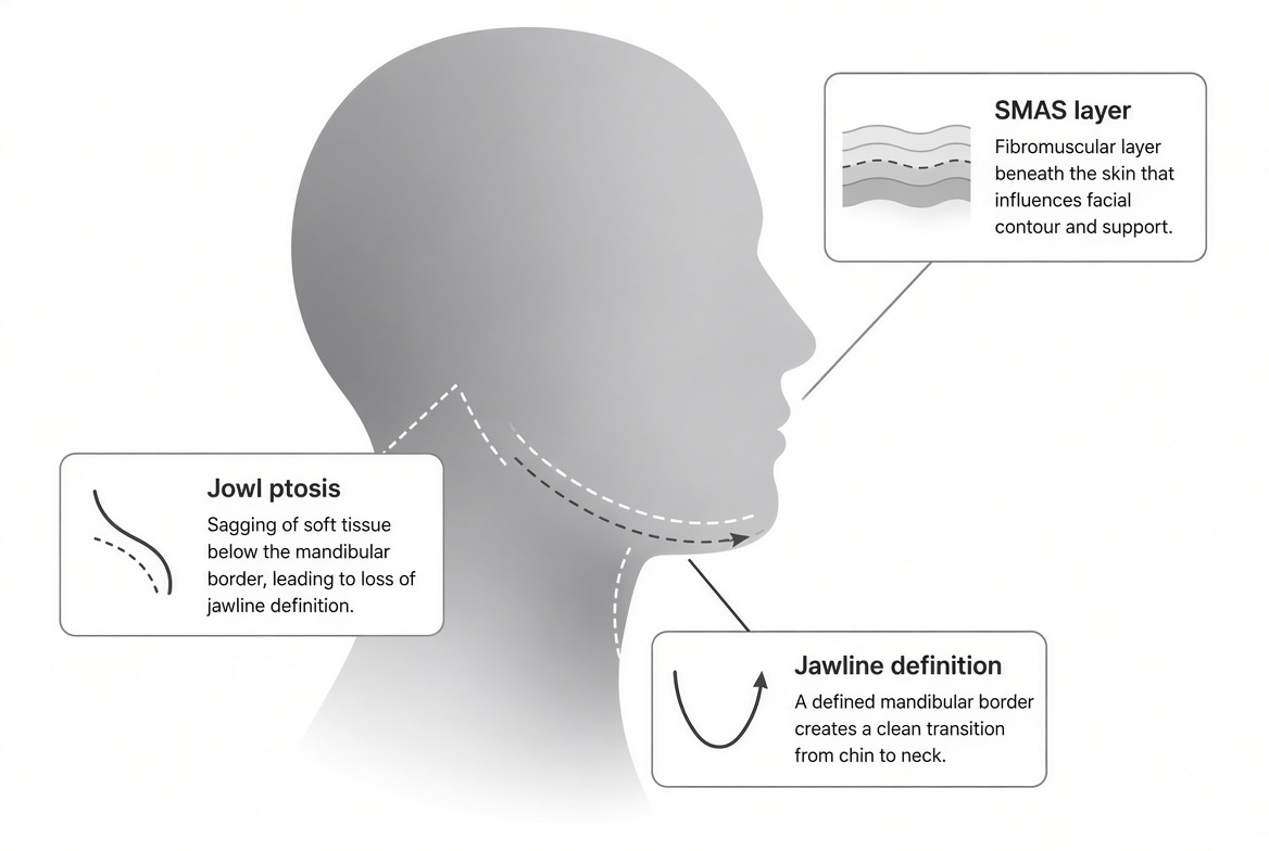 Educational diagram showing facial anatomy related to jowls and jawline aging