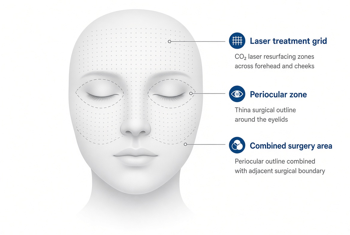 Educational diagram showing skin resurfacing areas used with facial surgery