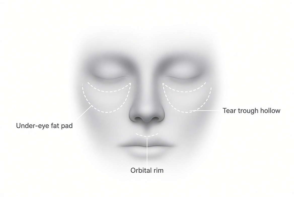 Educational diagram comparing under-eye bags and hollow tear troughs