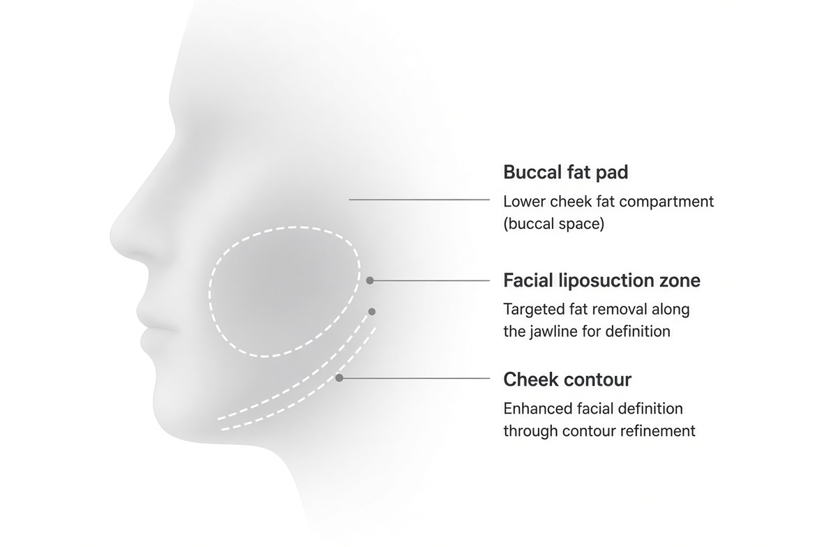 Educational diagram showing the difference between buccal fat and superficial facial fat